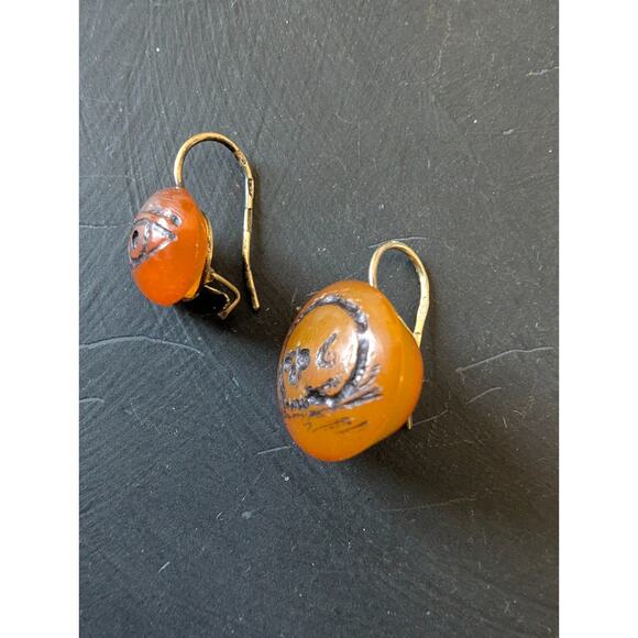MEMENTO MORI Hand Carved Pair Amber Button Earrings OOAK - Picture 3 of 6